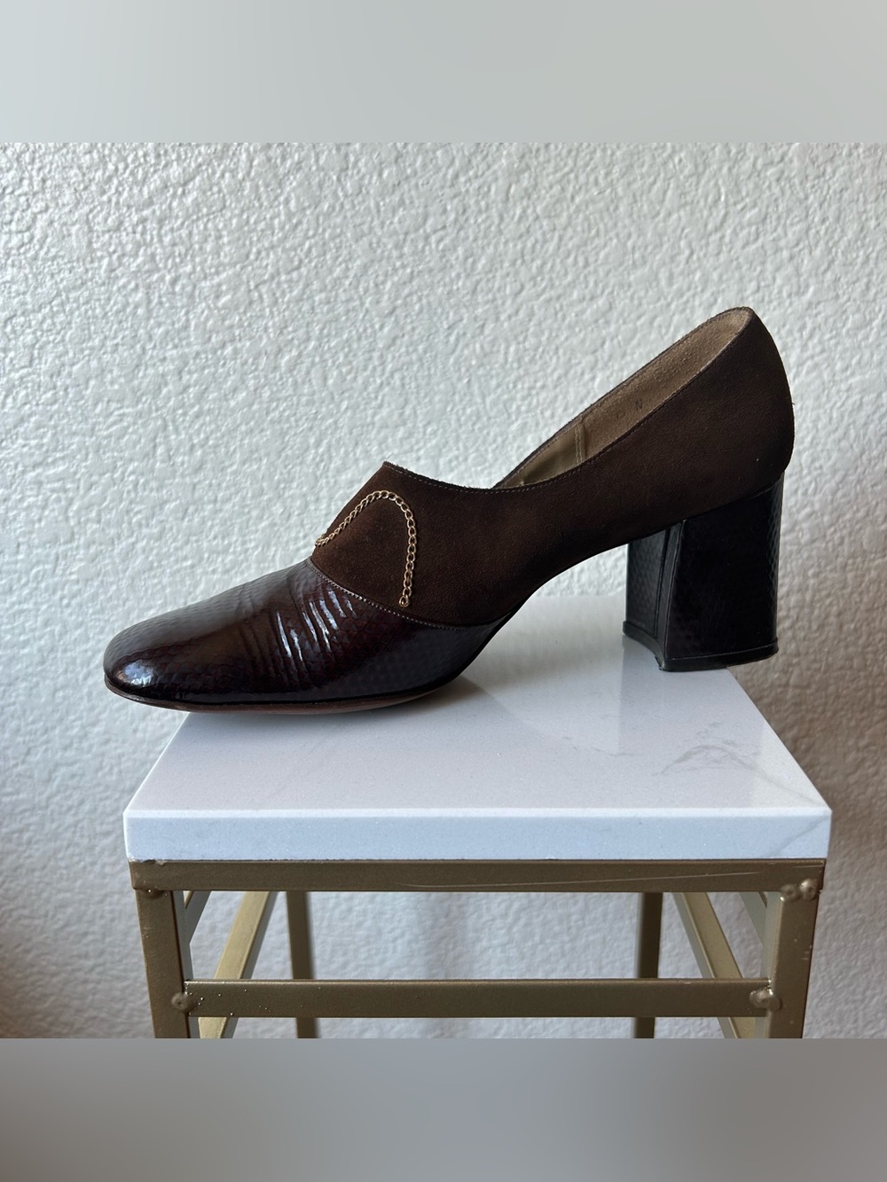 KUSHINS CARLTON Originals Brown Mixed-Material Block Heel Pump